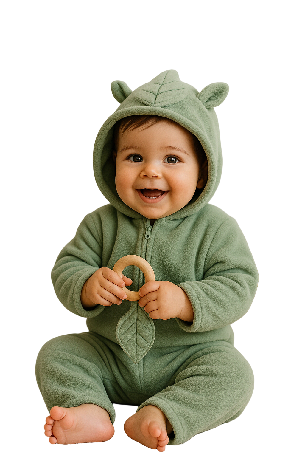 Baby wearing a green leaf-themed onesie on a white background
